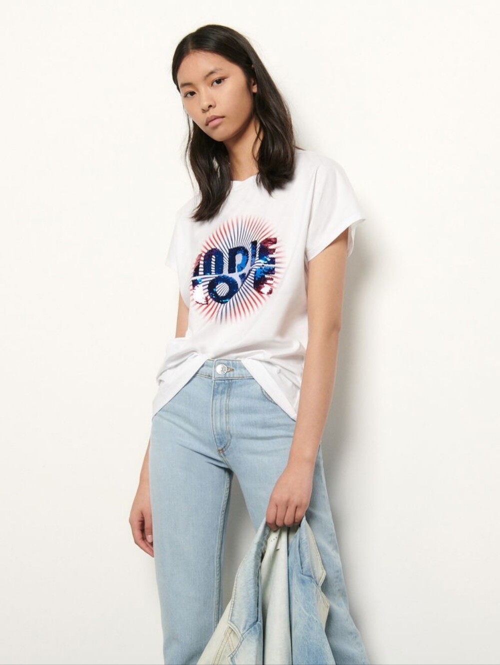 Sandro White Graphic Tee with Red & Blue Radiant Indie Love Fr Sz 1